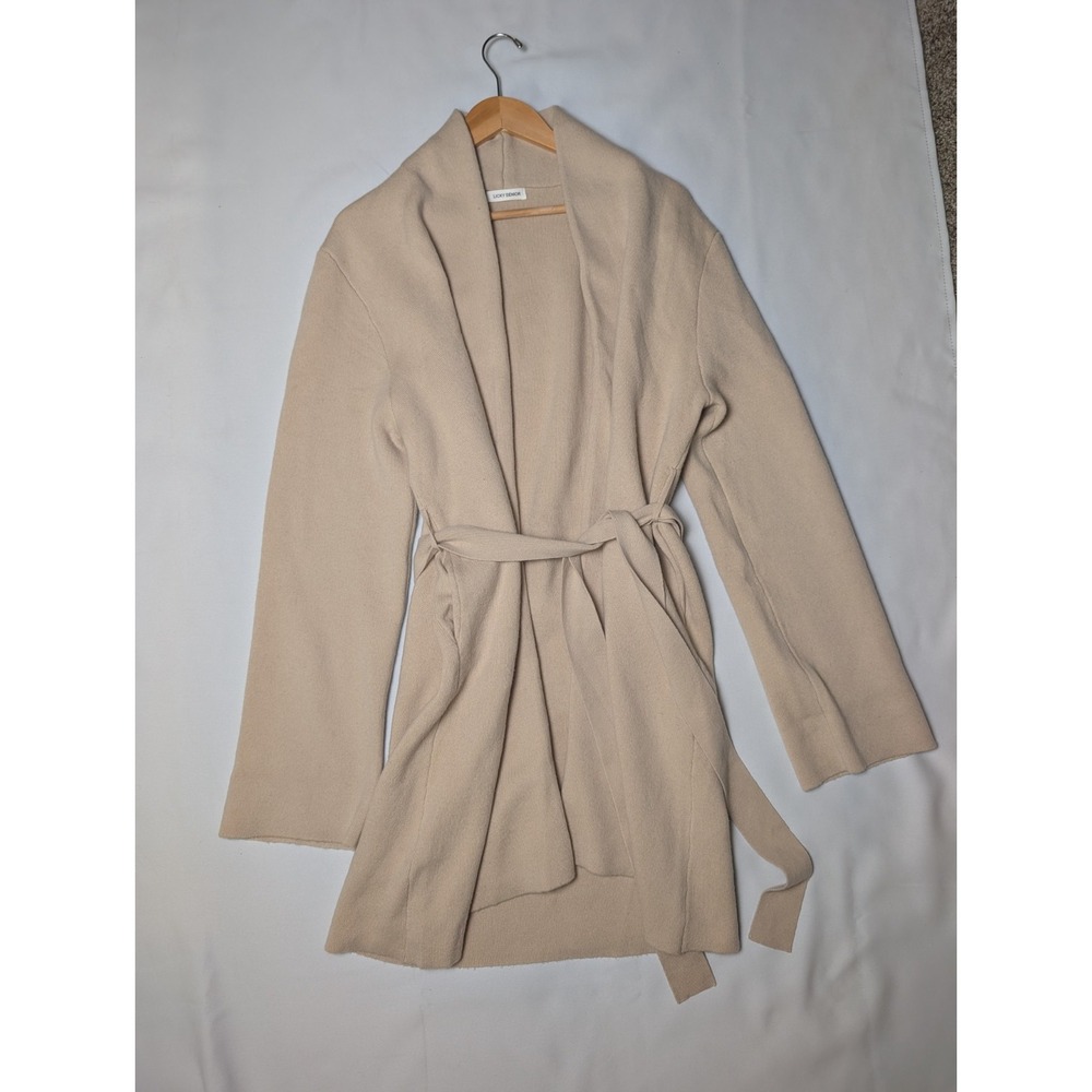 Beige 100% Wool Waist Tie Licky Senior Long Coat Sz 34 Pockets Minimalist